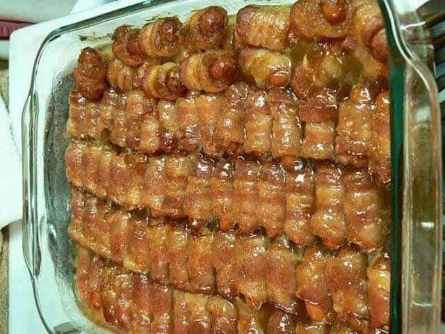 bacon wrapped smokies with brown sugar and butter